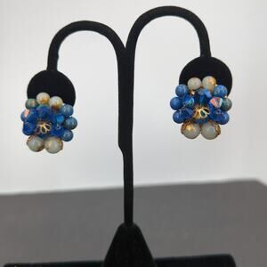 Vintage Blue & Gold Rhinestone Layered Sunburst Cluster Clip On Earrings